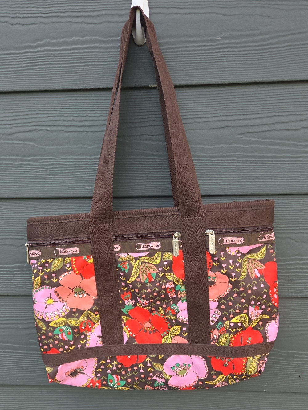 LeSportsac Brown Floral Canvas Tote with Red & Pink Blooms